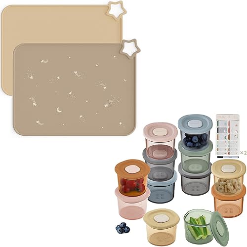 Moonkie Silicone Placemats for Baby & Kid (2 Pack) + Silicone Baby Food Containers (4oz, 6/12 Pack) | Reusable, Leakproof, Microwave & Freezer Safe | Non-Slip Toddler Food Mats & Airtight Storage Jars