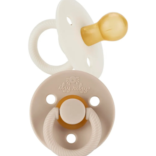 Itzy Ritzy Natural Rubber Pacifiers, Set of 2 – Natural Rubber Newborn Pacifiers with Cherry-Shaped Nipple & Large Air Holes for Added Safety; Set of 2 in Coconut & Toast, Ages 6-18 Months