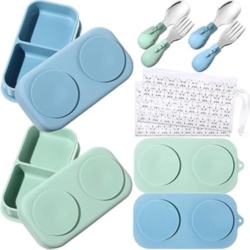 Uiifan 2 Pack Baby Suction Plate Set Silicone Suction Plate with Lid Divided Bowls for Portable Toddler Utensils Compact for Self Feeding Baby Travel Essential(Blue, Sage Green)