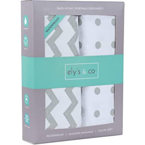Ely's & Co. Kid's Waterproof Pack n Play Portable Mini Crib Sheet with Mattress Pad Cover Protection, White and Grey Chevron and Polka Dots (2 Pack)