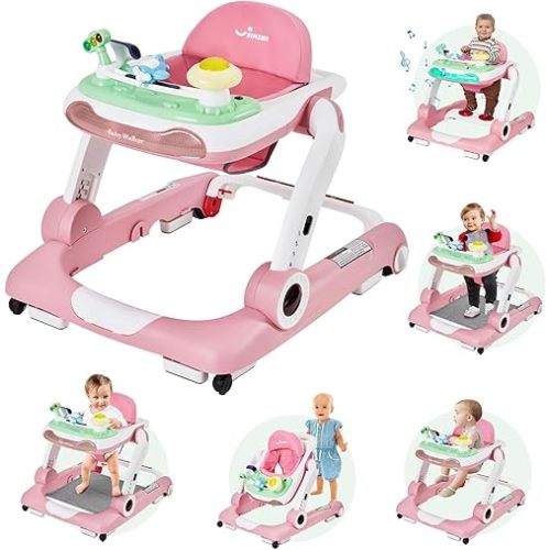 5 in 1 Baby Walker, Activity Baby Walker-Baby Bouncer, Rocker, Activity Center,Seat and Push Walker,Detachable Trampoline Mat, Adjustable Speed Rear Wheels and Height,Ages 6-18 Months (Pink)
