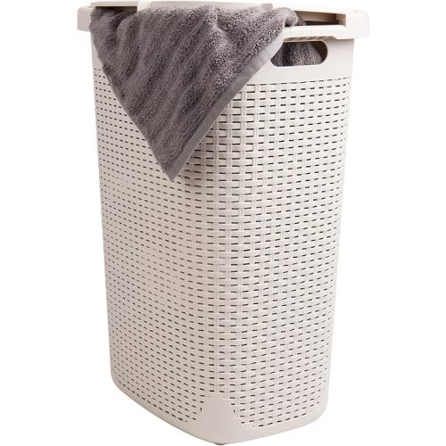 Mind Reader 60L Slim Laundry Hamper, Clothes Basket, Lid, Wicker Design, Plastic, 17.65"L x 13.75"W x 24.15"H, Ivory