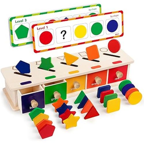 Coogam Montessori Toys Wooden Color Shape Sorting Box Game Geometric Matching Blocks Early Learning Educational Toy Gift for 3 4 5 Year-Old Baby Toddlers