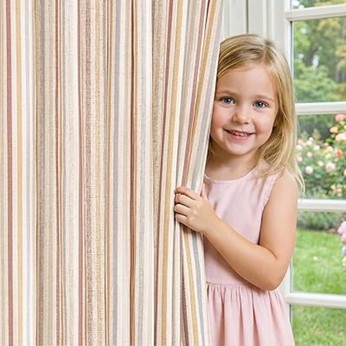 jinchan Linen Curtains for Nursery Bedroom 84 Inch Long Multi Red on Beige Striped Curtains for Living Room Cute Ticking Stripe Farmhouse Baby Girl Kids Room Light Filtering Grommet Drapes 2 Panels