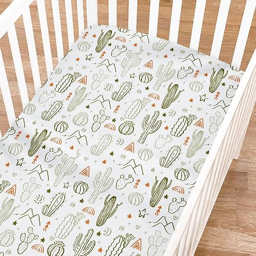 Boho Sunrise Cactus Fitted Baby Crib Sheet Boy Girl 52"x28" Western Cactus Desert Southwest Mountains Sun Rainbow Soft Breathable Crib Mattress Cover Baby Sheet for Standard Crib and Toddler Mattress