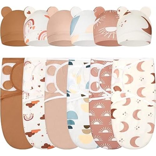 6 Pack Swaddle Blanket with Hats for Baby Girl Boy 100% Cotton Swaddles 0-3 Months, Adjustable Breathable Skin Friendly Receiving Blanket Wrap, Essential for Newborns(Boho,Khaki)