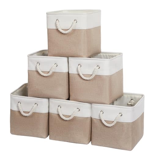 ISEMINGLA 11 x 11 Inch Storage Cubes, 6 Pack Large Collapsible Fabric Storage Bin with Ropes, Foldable Storage Cubes for Home, Office,Closet, Clothes, Toys Organizer (White&Beige)