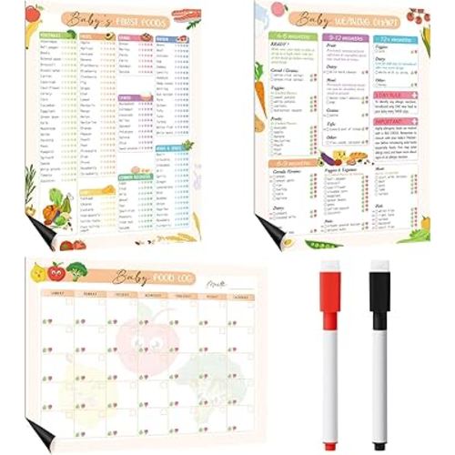 3 Pcs Baby's First Food Tracker Magnet Baby Weaning Chart Baby Food Log Checklist with 2 Dry-Erase Markers Baby Daily Meal Planner Journal 6 to 12 Months Newborn Fridge Recipes Lists