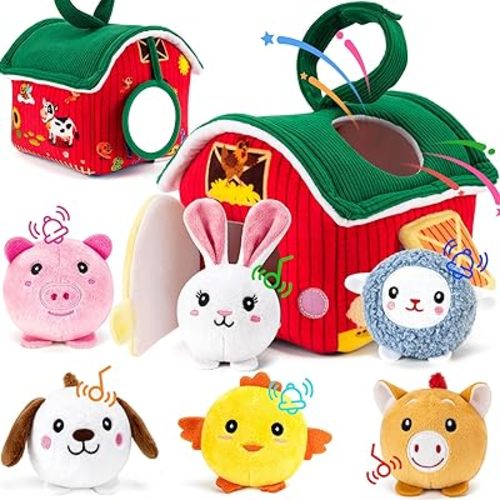 Baby Toys 6-12 Months - Portable Plush Barn with 6 Sensory Stuffed Farm Animals, Rattle, Crinkle, Mirror, Soft Montessori Toys for 1-3 Year Boy Girl Toddlers Gifts Easter Baskets Stuffers