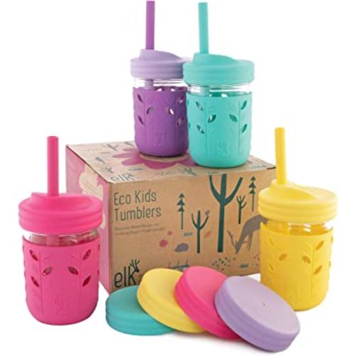 Elk and Friends Kids & Toddler Cups | The Original Glass Mason jars 8 oz with Silicone Sleeves & Silicone Straws with Stoppers | Smoothie Cups | Spill Proof Sippy Cups for Toddlers