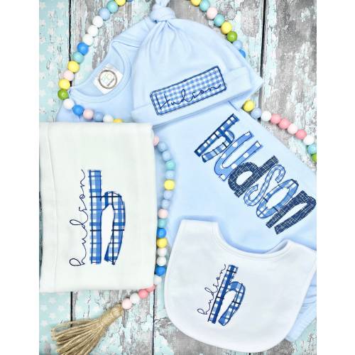 Personalized Baby Boy Gown, Hat, Bib, and Burp Cloth, Appliquéd Embroidery Infant Gown Set, Baby Boy Infant Gown Set