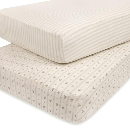 Ely’s & Co. Crib Sheets Baby Boy Fitted Crib Mattress Sheet Set, 2 Pack, 100% Jersey Knit Cotton, Infant and Toddler Nursery Bedding, Blue Linear Berry Leaf Collection, 28” x 52”