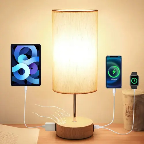 Yarra-Decor Bedside Lamp with USB A+C Charging Ports & AC Outlet Touch Control Table Lamp for Bedroom 3 Way Dimmable Nightstand Lamp with Fabric Shade for Home Office, Dorm(Bulb Included)