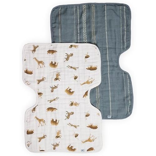 Little Unicorn 100% Certified Natural Organic Cotton Burp Cloth 2 Pack | Ultra-Absorbent & Soft Muslin Fabric | Larger Size & Ergonomic Design (Animal Crackers + Stillwater Stitch)
