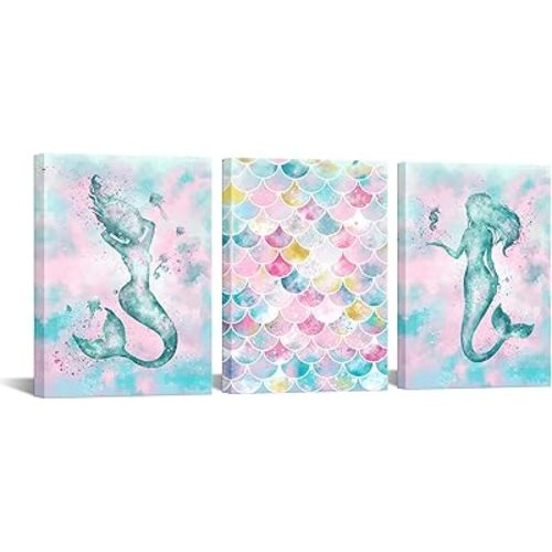 Artmyharbor Mermaid Wall Art Bathroom Decor Marine Theme Painting Romantic Pink Blue Artwork Girls Bedroom Nursery Wall Decor