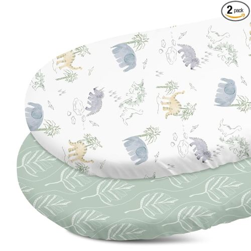 Gllquen Baby Bassinet Sheets 2-Pack for Baby Girl Boy Green Elephant | Soft Bassinet Mattress Sheet 32x16, Compatible with Halo Bassinest Swivel Sleeper, Baby Delight, Universal fitted,Baby Gift