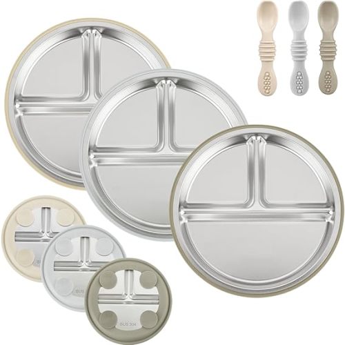 PandaEar 3 Pack Stainless Steel Baby Suction Plates, Divided Toddler Plate for Baby Led Weaning Supplies, Non-Slip Toddler Baby Feeding Set Dishwasher Safe (Linen/Brown/Tan, With Spoons)