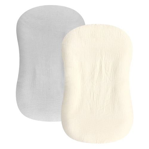 Hooyax Baby Lounger Cover 2 Pack - 100% Muslin Cotton Newborn Lounger Pillow Covers Only, Soft Breathable Infant Lounger Cover with Reinforced Stitching, Fits Most Standard Baby Loungers (Grey Cream)