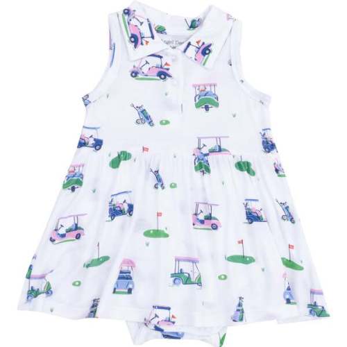 Polo Collar Bodysuit Dress - Vintage Golf Carts, Pink - Angel Dear | Maisonette