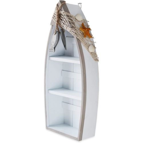 Morning View 2-Shelf Wood Boat Shelf, Nautical Decor with Fishing Net, Starfish, Seashells - Wall Mount or Tabletop Display - Beach Themed Home Decor, White, 6.7x3x16.5 Inch