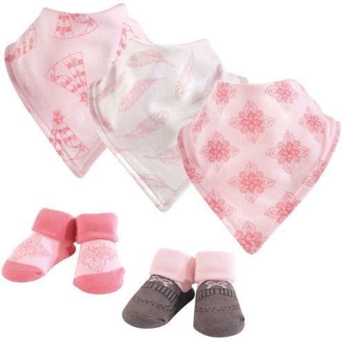Yoga Sprout Baby Girl Cotton Bandana Bibs And Socks 5pk, Feather, One Size