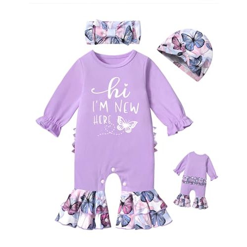 AGAPENG Newborn Girl Clothes Ruffle Letter Print Romper Infant Bell Bottom Jumpsuit Boho Baby Girl Clothes with Headband Hat