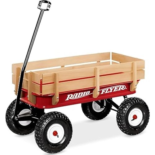 Radio Flyer Pull Along Kids Wagon with Foldable Handle and Wooden Stake Sides, Red - Heavy Duty Outdoor Cart and Carrier with Wheels for Children