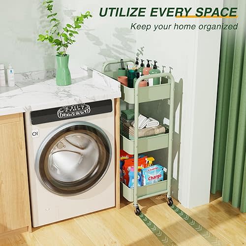 LEHOM 3 Tier Rolling Storage Cart, Metal Trolley Utility Cart with Wheels & Hooks, Easy Assembly Organizer Storage Cart for Bathroom Kitchen Office Bedroom (Green)