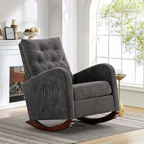 KINFFICT Modern Accent Rocking Chair Nursery Indoor, Upholstered Glider Rocker with High Backrest, Comfy Lounge Armchair with Side Pocket for Living Room, Bedroom, Office, Small Spaces