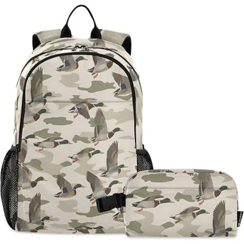 Kids Backpack Wild Duck on Camouflage Background Boys Girls School Backpack with Lunch Bag Bookbag Set