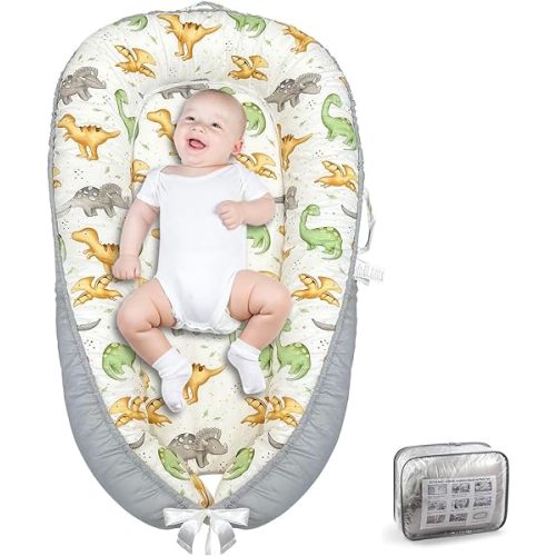 Baby Lounger for Newborn 0-24 Months, Breathable and Soft Cotton Infant Lounger, Adjustable Infant Nest, Portable Cosleeping Baby Bed Sleeper for Home and Travel, Gray Dinosaur