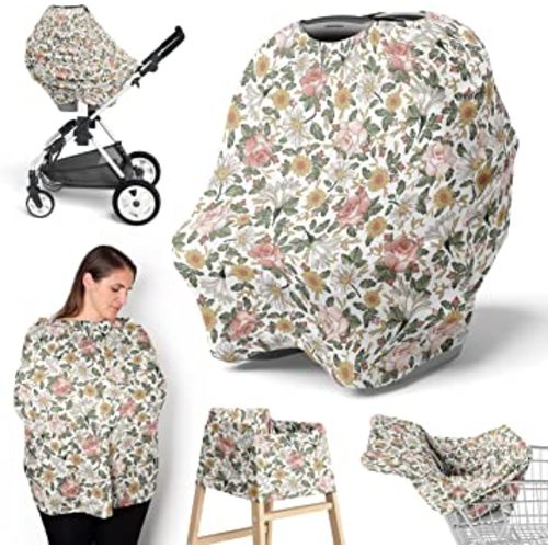 Sweet Jojo Designs Vintage Floral Boho Girl Infant Baby Car Seat Cover Nursing Breastfeeding Shopping Cart Stroller Canopy Blush Pink Yellow and Green Bohemian Shabby Chic Rose Flower Farmhouse White