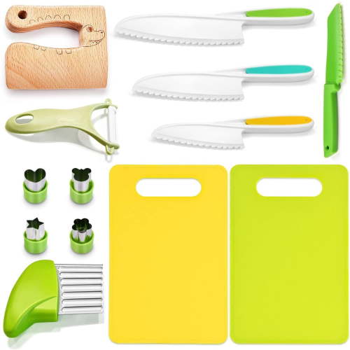 Montessori Kids Knives for Real Cooking, 13 Pieces Wooden Kids Kitchen Knife Set Include 4 Serrated Edges Plastic Toddler Knife,Crinkle Cutter Y Peeler Cutting Boards and Wood Toddler Safe Knife