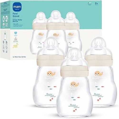MAM 6oz Feel Good Pure Glass Anti-Colic Wide Neck Baby Bottle, Slow Flow Skin Soft Silicone Nipple, Easy to Clean, BPA Free, 0+ Mths, Easy Switch Between Breast & Bottle, Made in Europe, 3 Pk, Unisex