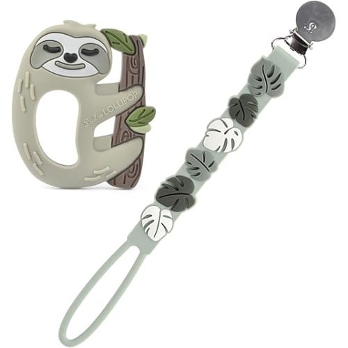 Loulou Lollipop Silicone Teether and Holder Clip Bundle Set - Sloth/Monstera