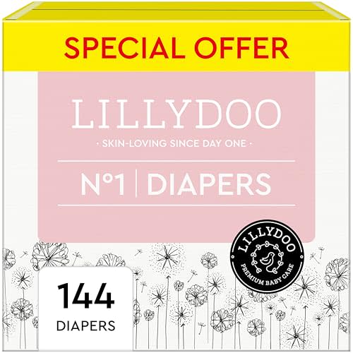 LILLYDOO Baby Diapers - Size 1 (4-11 lbs), Monthly Supply (144 Count), Leak Protection, Skin-Friendly, Ultrasoft, Perfume- & Chlorine-Free, Hypoallergenic, dermatologically Tested, Oeko-TEX®
