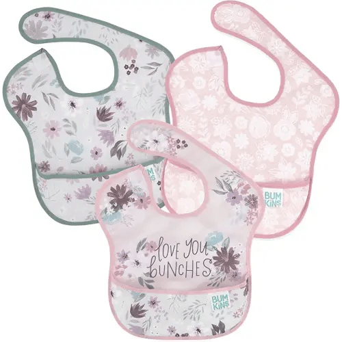 Bumkins Bibs for Girl or Boy, SuperBib Baby and Toddler for 6-24 Months, Essential Must Have for Eating, Feeding, Baby Led Weaning Supplies, Mess Saving Catch Food, Fabric 3-pk Floral and Lace