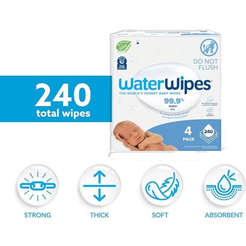 WaterWipes Original Baby Wipes, 99.9% Water-Based Wipes, Unscented & Hypoallergenic for Sensitive Skin, 240 Count (4 Packs), Packaging May Vary