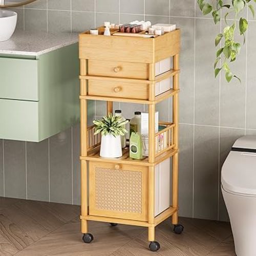 Amazer Bamboo Makeup Organizer Cart with 3 Drawers, Floor Skin Care Storage for Bathroom Bedroom, Rolling Vanity Organizer Cart for Cosmetic, Nail Polish, Perfume and Hair Tools