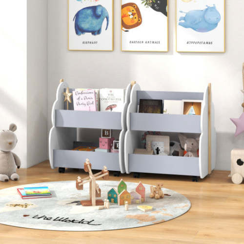 Kids Wooden Bookshelf With Universal Wheels-Gray