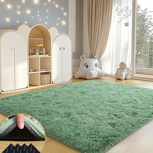 Green Rugs for Living Room, 4x6 Feet Large Fluffy Area Rugs for Bedroom, Soft Carpet Shag Kids Rug with 4 Non-Slip Rug Pads (4ft x 6ft, Green)