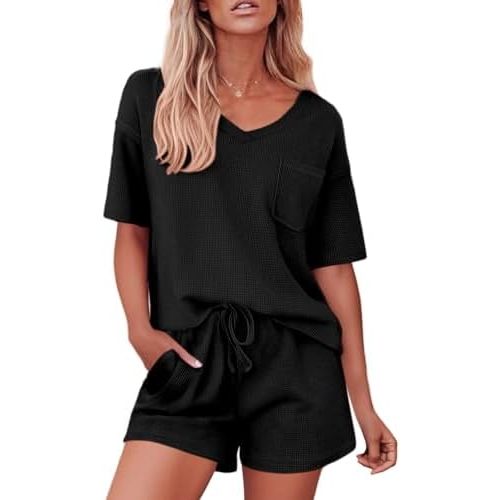 Ekouaer Pajamas for Women Waffle Knit Lounge Set 2 Piece PJS Short Sleeve Top and Shorts Matching Loungewear with Pockets