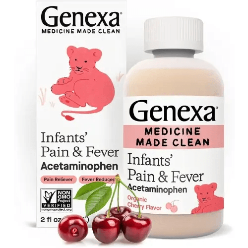 Genexa Infants’ Clean Pain & Fever Acetaminophen, Dye Free, 0% Artificial Additives, Delicious Organic Cherry Flavor, Liquid Oral Suspension Medicine for Baby, 160 mg per 5mL, 2 fl oz