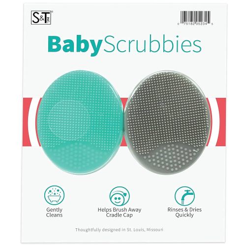 S&T INC. Exfoliating and Massaging Cradle Cap Bath Brushes for Baby, Silicone - 2 Inch x 2.5 Inch, Grey and Teal, 2 Pack