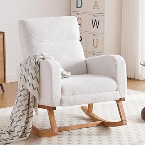 Rocking Chair Nursery with Foot Rest, Nursing Rocking Chairs for Mom Nursery, Teddy Rocker Glider with High Backrest for Living Room, Bedroom, White