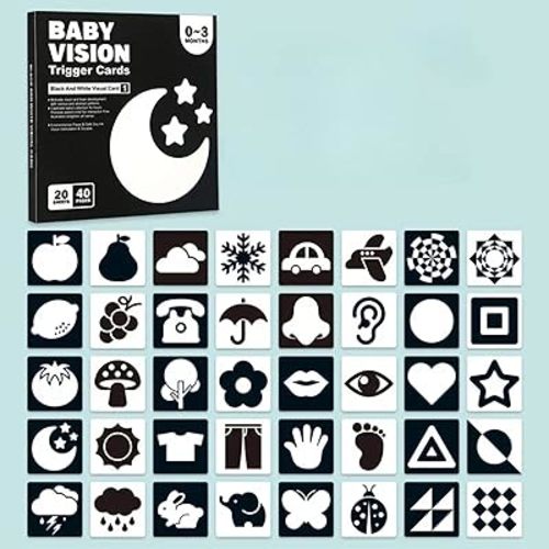 20PCS 40 Pictures Infant Contrast Baby Flash Cards for Visual Stimulation, Double-Sided Infant Flash Cards Black and White Newborn Brain Development Cards, for Babies Toddlers 0-3Months