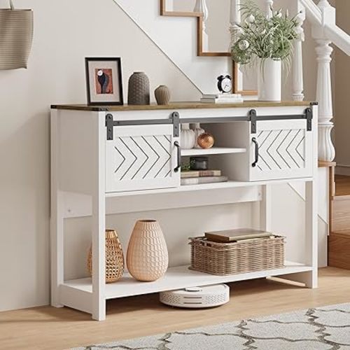 Farmhouse Console Table with Storage Shelf & Sliding Barn Door, Wood Entryway Table with Storage, 46" Narrow Long Sofa Table, Behind Couch Table, Console Tables for Living Room, Entryway, Foyer