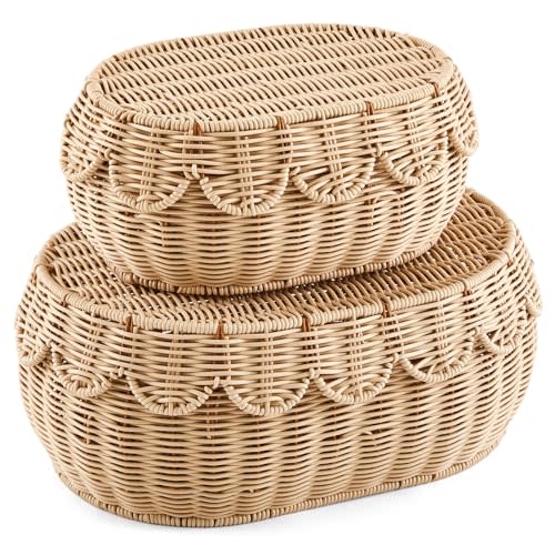 Juexica 2 Pcs Scalloped Rattan Baskets, Woven Rattan Wicker Storage Baskets with Lid for Nursery Storage diaper organizer Bathroom Decor(Natural)