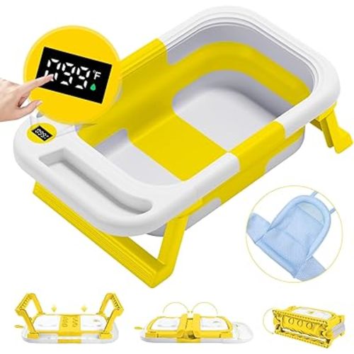 Baby Bathtub for Infants to Toddler, Collapsible Baby Bath Tub, with Thermometer & Soft Floating Cushion & Bath Net Portable Bathtub, Yellow
