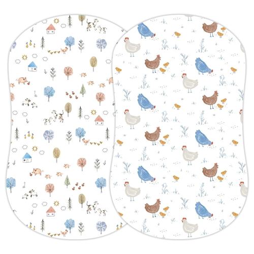 Baby Bassinet Sheets for Boy, Girl (Farm Animals) 2-Pack - Fitted Bedside Bassinet Sheets - Buttery Soft Cotton Blend for Standard Mattress Pad - Compatible with Halo BassiNest